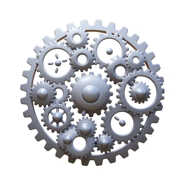 An intricate collection of gears and cogs interlocking in motion. The gears are polished metal with a reflective surface, showcasing a variety of sizes and shapes. Each cog is precisely detailed, with engraved patterns and labels indicating their function. The arrangement creates a complex mechanical system, with some gears turning clockwise and others counterclockwise. The background features a subtle gradient, highlighting the movement and interaction between the engaging components of the mechanism.