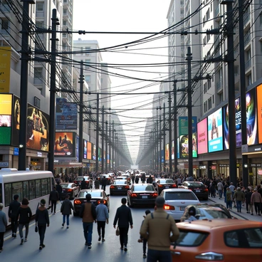 A dense web of black power cables crisscrossing above a busy urban street. The cables hang between tall buildings, some partially obscured by vibrant advertising billboards. Below, vehicles, including cars and buses, navigate through the crowded street filled with pedestrians. The scene features concrete sidewalks with people walking, some stopping to look up at the cables overhead. The atmosphere is dynamic, with a mix of urban architecture and various elements of city life.