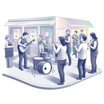 A street band is performing on a busy corner. The band consists of four musicians, one playing an acoustic guitar, another on the drums, a third with a trumpet, and the last one singing into a microphone. The musicians are positioned in a semi-circle, with their instruments prominently displayed. An audience is gathered around them, consisting of people of various ages, some clapping and others swaying to the music. The scene is lively, with a few individuals recording the performance on their smartphones. Nearby, a street vendor is selling snacks to passersby, while colorful shop façades frame the background, adding to the urban atmosphere.