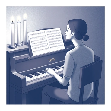 A musician seated at a grand piano, with hands poised over the keys, appears deep in concentration. The dimly lit room is illuminated by the soft glow of several candles placed on the piano and the surrounding surfaces. The musician's facial expression reflects a sense of inspiration as they create beautiful melodies. Sheet music is spread out on the piano, with notes visible, hinting at the evolving composition. The flickering candle flames cast delicate shadows on the walls and the musician, creating an intimate atmosphere.