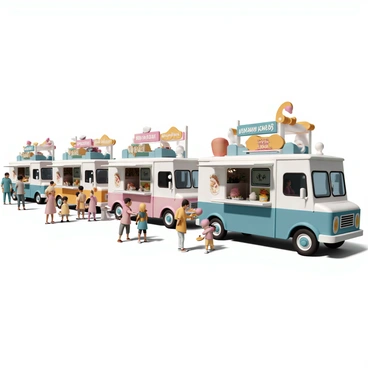 A bustling food truck festival scene with numerous food trucks parked side by side, each adorned with colorful banners and signs displaying their unique cuisines. Families are gathered around, with children eagerly holding plates of food and adults chatting happily. Various cuisines are represented, including tacos, barbecue, and gourmet sandwiches, with vibrant food displays. Tables are set up nearby, where families are sitting and enjoying their meals together. The atmosphere is filled with excitement, with people laughing, children playing, and the aroma of delicious food in the air.