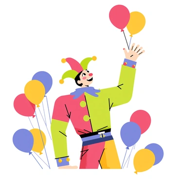 A jester wearing a vibrant, multicolored outfit with bells on the cuffs is surrounded by a sea of colorful balloons in various shades of red, blue, yellow, and green. The jester has a wide smile, revealing a joyful expression as they look up towards the sky. The balloons are floating above, some nearly touching the clouds, creating a bright and cheerful atmosphere. The jester reaches up with one hand, attempting to grasp a balloon that is just out of reach, while their other hand waves playfully.