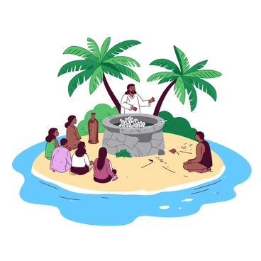 A secluded island surrounded by blue waters, with green palm trees gently swaying in the breeze. In the center, there is a stone altar made of gray stones, adorned with tropical flowers. A preacher stands behind the altar, wearing simple white garments, speaking passionately to the group gathered around. The small group, consisting of diverse individuals, is listening intently, some sitting on the sandy ground and others standing. The sunlight filters through the trees, casting dappled shadows on the scene while enhancing the atmosphere of serenity.