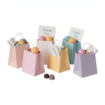 A collection of small gift bags, each elegantly arranged and filled with a variety of colorful sweets. The bags are made of sturdy, pastel-colored paper and have decorative strings for handles. Each bag is accompanied by a neatly folded note card placed on top, with the words "Thank You" written in a stylish font. The sweets inside include vibrant lollipops, chocolate truffles, and gummy bears, creating a delightful visual contrast. The gift bags are positioned on a table, with some bags slightly overlapping for a layered effect.