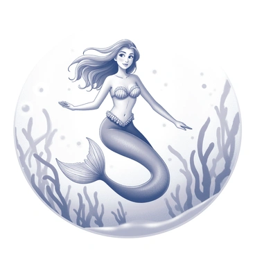 A mermaid with long flowing hair swims gracefully underwater. She wears a shimmering bra made of seashells that glistens as she moves. Her tail is long and elegantly shaped, reflecting the surrounding water. Bubbles trail behind her, and the underwater environment features soft undulating currents and a variety of sea plants swaying gently. The scene captures the fluid motion of the mermaid amidst the aquatic setting.