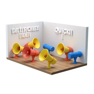 A room with white walls and a polished wooden floor. The space is filled with several colorful megaphones arranged in a semi-circle. Each megaphone is of different sizes and patterns, featuring bright colors like red, yellow, and blue. They are all actively emitting sound waves depicted visually with ripples emanating from the openings. Surrounding the megaphones, the phrase "Get Rich Quick!" is prominently displayed in large, bold letters on the walls, creating an immersive atmosphere.