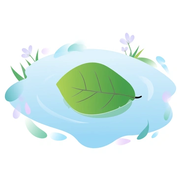 A single leaf is gently floating on the surface of a still pond. The leaf has vibrant green hues with intricate vein patterns. The water beneath it is clear, reflecting the colors of the environment. Surrounding the pond, there are soft ripples that hint at a calm breeze. Lush grass and delicate wildflowers frame the edges of the pond, adding subtle texture to the scene. The overall composition evokes a sense of tranquility and harmony with nature.