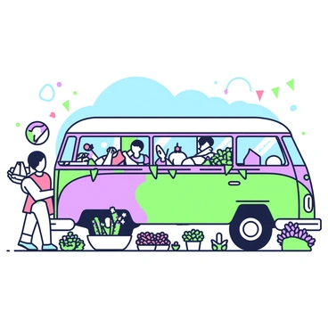 A retro-style bus is parked at a summer festival. The bus is adorned with colorful bunting that hangs from the windows and roof. Surrounding the bus, there are various flowers in full bloom, placed in pots and around its base. People are mingling nearby, some enjoying food from stalls while others admire the bus. A vibrant atmosphere is evident with a clear blue sky overhead. The festival is lively with colorful decorations scattered throughout the scene.
