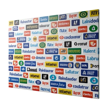 A wall showcasing a collage of various famous brand logos. The logos are arranged in an overlapping pattern, filling the entire surface area of the wall. Each logo displays its distinctive colors and designs, creating a vibrant and eye-catching effect. The wall surface is textured, enhancing the visual interest of the arrangement. Some logos are larger and more prominent, while others are smaller, creating a dynamic balance across the composition. The overall feel is modern and energetic, representing a variety of industries and styles.