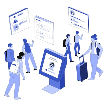 An airport kiosk is positioned in a busy terminal, scanning a passenger's face for check-in. The kiosk features a sleek, modern design with a touch screen interface displaying check-in options. A camera is mounted above the screen, focused on the passenger's face. The passenger stands patiently in front of the kiosk, wearing a travel backpack. Behind the kiosk, several travelers can be seen walking by, some carrying luggage and others checking their phones. Large informational signs hang from the ceiling, directing travelers to various gates.