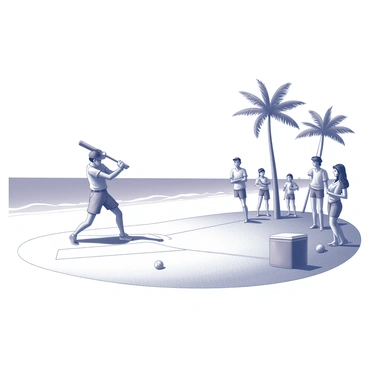 A beach setting with soft sand underfoot and gentle waves in the background. A player in a baseball cap and casual attire stands at the plate, swinging a wooden bat at an incoming pitch. The player's stance is dynamic, with one foot forward and their eyes focused intently on the ball. Nearby, a group of friends is gathered, watching the game with expressions of excitement and encouragement. A beach ball rests nearby, and a cooler filled with refreshments is seen in the background. Palm trees sway gently in the breeze, adding to the relaxed atmosphere of the scene.