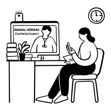 A patient sitting in a cozy home office, facing a computer screen displaying a healthcare provider. The healthcare provider is providing information about inguinal hernias. The patient has a notepad and pen in hand, taking notes during the consultation. There are medical books on a shelf in the background, and a plant sitting on the desk. A digital clock can be seen on the wall indicating the time of the appointment.