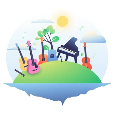 A large, lush island is floating in a blue sky, surrounded by soft white clouds. The island is covered in vibrant green grass and features various musical instruments sprouting from the ground like trees. A tall black upright piano stands prominently, with its keys shining in the sunlight. Nearby, there are several colorful guitars leaning against each other, their bodies reflecting hues of red, blue, and yellow. Flutes and violins rise from the ground like slender trunks, adorned with leaves that resemble musical notes. The scene is peaceful, with a gentle breeze causing the instruments to sway slightly, creating a harmonious atmosphere. In the background, a bright sun casts warm light over the entire landscape, enhancing the colors of the instruments and the island.
