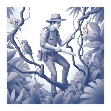 An explorer, dressed in rugged outdoor attire, is actively using a machete to cut through dense vines in a thick jungle. The foliage around him is lush and abundant, with various shades of green intertwining. Exotic animals are partially visible among the foliage, including a colorful parrot perched on a branch, a small monkey swinging nearby, and a camouflaged chameleon blending into the leaves. The scene captures the adventurous spirit of the exploration and the vibrant wildlife that inhabits the jungle.