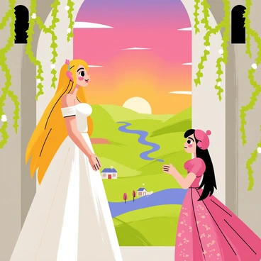 A princess with long flowing hair wearing a sparkling gown is standing by a tall, arched window in a stone tower. The window is adorned with ivy vines that hang down gracefully. She gazes out at a vibrant sunset that paints the sky in shades of orange, pink, and purple. Below, her kingdom is visible with lush green fields, winding rivers, and small cottages dotting the landscape. The princess has a dreamy expression on her face, conveying her longing as she looks out at the horizon.