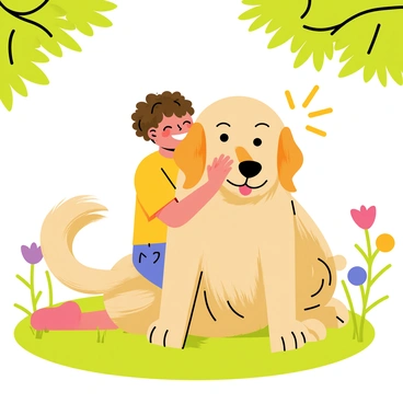 A child with curly brown hair wearing a bright yellow t-shirt is hugging a large, fluffy golden retriever. The dog has a shiny coat and a happy expression, sitting comfortably on the green grass. Sunlight filters through the leaves of nearby trees, casting playful shadows on the ground. Colorful flowers bloom around the yard, adding pops of color to the scene. The child’s face is filled with joy, and the dog appears content, creating a heartwarming moment in the sunlit backyard.