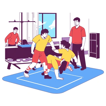 A group of high school wrestlers in yellow uniforms is engaged in training on blue mats inside a gym. One wrestler is executing a takedown maneuver, while another is poised in a defensive stance. In the background, a coach in a red shirt is observing the practice and providing guidance. The gym is filled with natural light streaming through large windows, illuminating the focused expressions of the athletes as they showcase their skills.