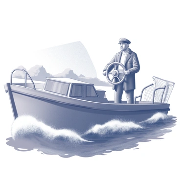 A captain stands confidently at the helm of a fishing barge. The captain is wearing a weathered captain's hat and a heavy-duty jacket, gripping the steering wheel firmly with both hands. The barge is cutting through choppy waters with waves splashing against the hull. A rugged coastline can be seen in the distance, partially obscured by a layer of mist. The captain's expression reflects focus and determination as he navigates through the turbulent sea. A fishing net and various fishing gear are visibly arranged along the sides of the barge, indicating the vessel's purpose.