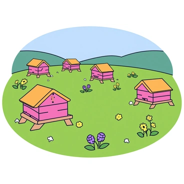 A rustic bee farm featuring multiple wooden hives painted in earthy tones, arranged thoughtfully across a vibrant green meadow. Each hive is designed with a sloped roof and has small entrances for the bees. The meadow is dotted with colorful wildflowers, including yellow daisies and purple clovers, providing a lively environment for the bees. In the background, there are gently rolling hills under a clear blue sky. The setting conveys a sense of harmony between nature and the beekeeping craft.