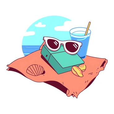 A teal lighter with a playful design is lying on a vibrant orange beach towel. The lighter is wearing oversized white sunglasses that reflect the bright sunlight. Next to the lighter, there is a small orange seashell and a blue drink with a colorful straw. In the background, there are hints of a clear blue sky and fluffy white clouds. The scene captures a fun and relaxed beach vibe.