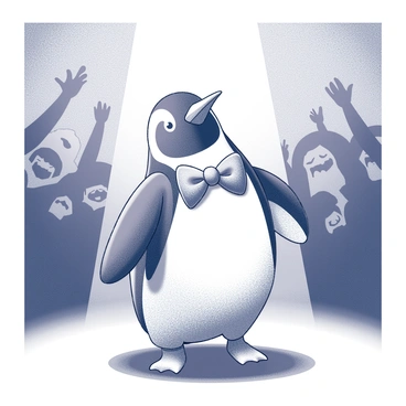 A penguin character is standing confidently on a stage. It is wearing a large bowtie that stands out prominently. The spotlight shines down on the character, illuminating its features and creating a contrast with the surrounding darkness. In front of the stage, there is a cheering audience with their arms raised in excitement, their faces expressing joy and enthusiasm. The background features the outline of a theater setting, enhancing the performance atmosphere.