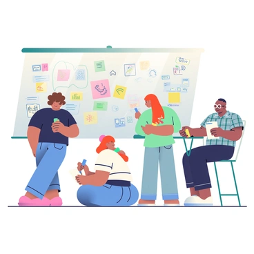 A group of four artists is engaged in a brainstorming session around a large whiteboard. Each artist has a unique style; one has short, curly brown hair, wearing a black t-shirt and jeans, is holding a green marker and sketching a character. Another artist, with long straight red hair tied in a ponytail, is sitting cross-legged on the floor, drawing with a blue pencil. The third artist has an undercut hairstyle with colorful tattoos on their arms, standing close to the board while using a yellow highlighter to outline a design. The fourth artist, wearing glasses and a plaid shirt, is sitting at a table, flipping through a sketchbook for inspiration. The whiteboard is filled with colorful sketches, notes, and diagrams, showcasing a variety of creative ideas. Bright lighting illuminates the space, enhancing the vibrant colors of the drawings on the board.