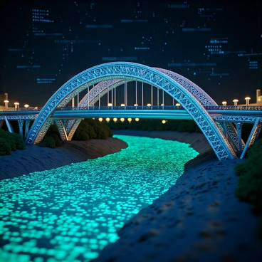 A bridge composed of interconnected blockchain links, showcasing a metallic sheen and intricate designs. The bridge arches gracefully over a digital river, which flows with vibrant blue and green pixelated water. Glowing circuit patterns can be seen on the surface of the riverbanks, adding a high-tech feel to the scene. The sky above is illuminated with data streams and binary code, creating a futuristic atmosphere.