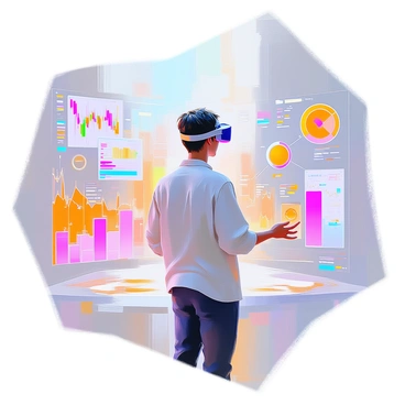 An individual with medium skin tone wearing sleek VR goggles is standing in an expansive digital landscape filled with vibrant visualizations of ETF data. The landscape features floating graphs, dynamic charts, and streaming numerical data that pulse with energy. The individual appears focused and engaged, with their hands reaching out to interact with the data displays that surround them. Bright colors and intricate designs make the data landscape appear lively and immersive.