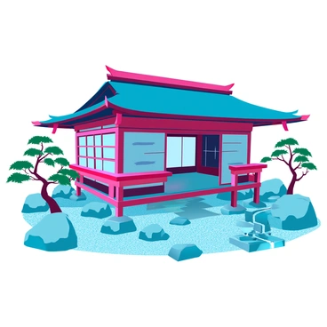 A traditional Japanese tea house with wooden beams and sliding shoji doors. It features a thatched roof and is set among carefully arranged stones and raked gravel in the rock garden. The garden has small evergreen trees and ornamental rocks placed strategically for balance. There is a path of stepping stones leading to the entrance of the tea house. Delicate moss covers some areas of the gravel, creating a lush green contrast with the stones. A bamboo water feature quietly trickles nearby, adding a natural element to the tranquil setting.