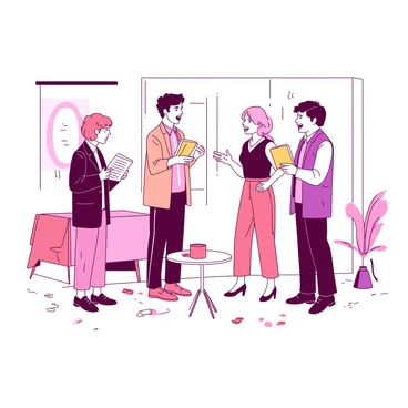 A group of four actors is standing on a brightly lit stage, each holding a script in hand. The actors are positioned in a semi-circle, with one actor in the center gesturing expressively while the others listen attentively. The backdrop features a simple design, enhancing focus on the performers. On the stage floor, there are scattered props related to the scene, including a small table and a chair. Each actor is dressed in costumes that are distinct, showcasing their characters, and they are engaged in lively dialogue, displaying various expressions.