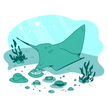 A teal stingray is gracefully gliding along the ocean floor, its wings spread wide as it searches for food. The sandy seabed is dotted with small shellfish, including clams and tiny crabs. The stingray delicately hovers over one of the shellfish, its mouth open slightly as it prepares to feed. Soft beams of light filter down from the surface of the water, illuminating the vibrant marine life surrounding the stingray. A few scattered seaweed plants sway gently in the currents nearby, creating a tranquil underwater scene.