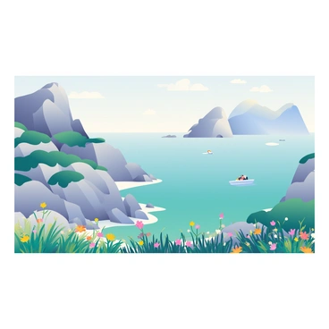 A panoramic view of the island of Capri showcases its rugged coastline. The cliffs rise sharply from the turquoise sea, with patches of green vegetation dotting the rocky terrain. In the foreground, there are vibrant wildflowers in various colors, adding contrast to the landscape. The sky above is a soft gradient of blues and whites, indicating a clear day. Small boats can be seen navigating the calm waters, while in the distance, the famous Faraglioni rock formations rise majestically from the sea. The scene captures the essence of Capri's natural beauty and rugged charm.