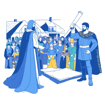 A blue herald in ornate medieval attire stands at the front, holding a large parchment scroll in his right hand. His attire features intricate gold embroidery and a flowing cape that cascades down his back. He is facing a diverse group of villagers who are gathered in front of him, displaying expressions of curiosity and engagement. The crowd includes men, women, and children dressed in simple yet colorful medieval clothing. The background features rustic village houses made of wood and thatch, with signs of daily life around them, creating a lively atmosphere. The herald's authoritative stance and the focused attention of the crowd highlight the importance of the announcement being made.
