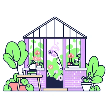 A brick greenhouse filled with exotic plants and flowers