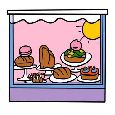 A pastry shop window displaying a variety of colorful pastries. The window is filled with items such as bright pink macarons, golden-brown croissants, and vibrant fruit tarts topped with glossy glazes. Each pastry is artfully arranged on elegant white platters. The background features a soft, pastel-colored wall that complements the sweets. The sun shines through the window, casting a warm glow on the pastries, making them look even more tempting.