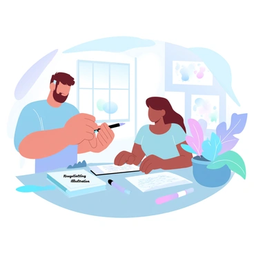 An artist with short hair and a paintbrush tucked behind their ear is standing next to a client seated at a desk. The client is holding a notepad and pen, looking engaged in the conversation. The desk is cluttered with various art supplies, including colorful markers and sketchbooks. There is a large window in the background allowing soft light to fill the room, illuminating a few framed illustrations on the wall. A vibrant plant is situated on the desk, adding a touch of greenery to the scene. "Negotiating illustration prices" is written on a paper in front of them.
