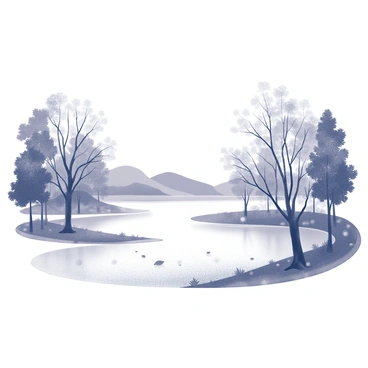 A serene lake bordered by trees. The trees are showing various patterns of leaves, with some displaying intricate shapes. The ground is scattered with fallen leaves. The water of the lake reflects the surrounding scenery, creating a sense of tranquility. In the distance, gentle hills rise, complementing the natural setting.