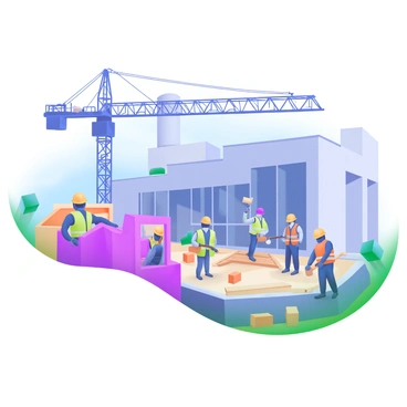 A modern pastel illustration depicting a construction site where "construction workers" are actively involved in building an "extension to an existing factory." In the foreground, several workers are wearing hard hats and safety vests, holding tools like hammers and drills. There is a large crane lifting steel beams into place above them. The factory is visible in the background, showing an industrial design with large windows and a smokestack. Scattered around the site are construction materials, such as bricks and wooden planks. A clear blue sky enhances the bright and busy atmosphere of the scene.