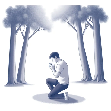 A person kneeling on a patch of soft grass in a forest clearing. The individual has their hands clasped together in front of them, with their head bowed down in a respectful manner. Tall trees surround the clearing, their trunks strong and straight, with thick foliage overhead providing a natural canopy. Sunlight filters through the leaves, casting soft shadows on the ground. The atmosphere is calm, with no distractions in view, focusing solely on the act of prayer and the natural beauty of the setting.