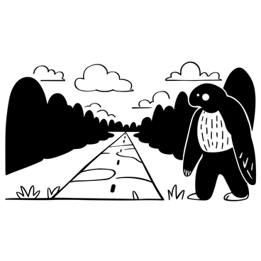 A long, winding road stretches into the distance, flanked by dense trees on either side. The road is paved with uneven stones, leading the viewer's eye toward a horizon shrouded in clouds. A large monster, with scaled skin and a bulky frame, walks slowly along the road. The monster is hunched over slightly, its arms hanging heavy by its sides. The clouds above are thick and dark, adding to the atmosphere of the scene. The ground is uneven, with patches of grass peeking through the cracks in the road.