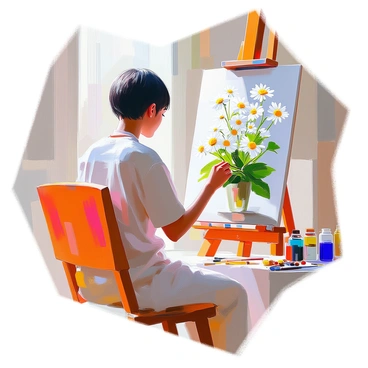 An artist with medium skin and short black hair is deeply focused on painting a detailed illustration of a chamomile plant on a canvas. The artist is seated in front of an easel, holding a paintbrush in one hand while the other hand rests on the canvas for support. The chamomile plant is depicted with its small white flowers and yellow centers, surrounded by lush green leaves. The studio is filled with art supplies, including tubes of paint and brushes scattered around, as natural light streams in, illuminating the work in progress.