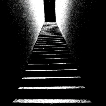 A never-ending staircase stretches upward, disappearing into a dark void. The steps are worn and uneven, suggesting heavy use over time. Shadows play across the surface, giving a sense of depth and mystery. Soft, indistinct "whispers" seem to emanate from above, adding to the eerie atmosphere. The surrounding area is shrouded in darkness, with only the staircase visible, creating a focal point that draws the eye upward.