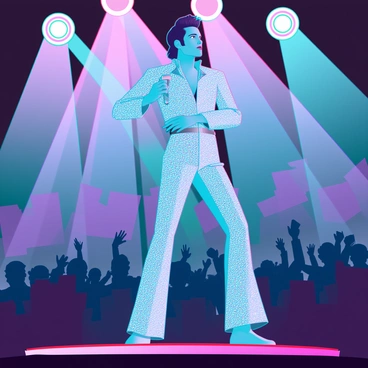 Elvis Presley is on a brightly lit stage, wearing a dazzling sequined jumpsuit that reflects the lights around him. He has his signature hairstyle, slicked back and voluminous, and is holding a microphone in one hand. The stage is adorned with colorful spotlights casting vibrant beams across the scene. In front of him, a cheering crowd is visible, with enthusiastic fans waving their arms and some holding up signs. The energy of the performance is palpable, with the audience clearly energized by his presence.