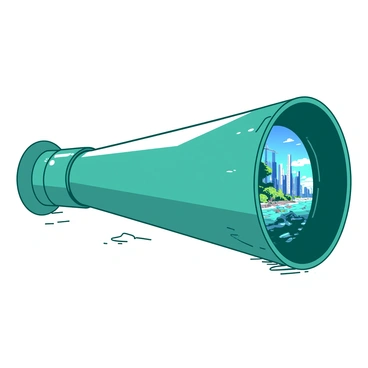 A teal kaleidoscope is positioned upright on a smooth white surface. The body of the kaleidoscope is adorned with intricate patterns, and it reflects light in vibrant bursts. As it is turned, the view through the lens reveals shifting and changing scenes of possible futures. Each scene is a vivid tableau: one moment depicts a bustling futuristic city with tall, sleek buildings, the next shows serene landscapes filled with lush greenery and advanced eco-friendly technology. The vibrant colors of the scenes swirl and blend as the kaleidoscope spins, creating a sense of endless possibilities.