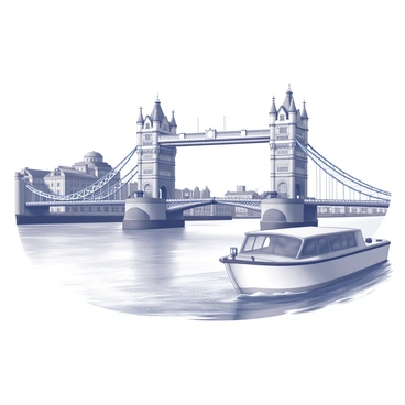 A view of London Bridge from a boat on the River Thames. The bridge's iconic arches and stone structure are prominently visible. The boat is gently floating on the water, creating ripples around it. In the foreground, the surface of the river reflects the bridge's outline and the surrounding architecture. The banks of the Thames are lined with historic buildings and trees, adding to the city's character. The sky is clear, providing a bright backdrop for this urban scene.