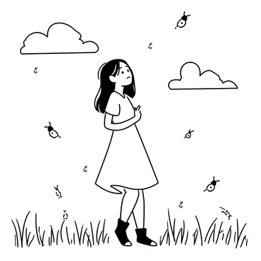 A girl standing in a meadow with tall grass. The sky is transitioning to dusk, with large clouds softly outlined. She has long hair blowing gently in the breeze and is wearing a simple, flowing dress. Around her, numerous fireflies are glowing softly, illuminating her figure and creating a whimsical atmosphere. The girl gazes upward, mesmerized by the flickering lights around her.