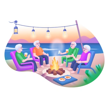 A group of seniors gathered around a beach bonfire at dusk. The fire casts a warm glow on their smiling faces as they share stories. Each senior is seated on a comfortable beach chair, with a few holding drinks in hand. The sand is scattered with blankets and snacks. A couple of lanterns are hung nearby, illuminating the scene gently. The ocean waves can be seen in the background, softly lapping against the shore. The sky transitions from orange to deep blue as the sun sets, creating a tranquil atmosphere.