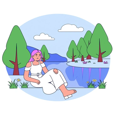 A lady is sitting by a lake, wearing a flowing white A-line dress. The dress elegantly drapes around her as she relaxes. Tall green trees surround the lake, their reflections visible on the water's surface. The lady has long hair gently cascading down her shoulders. There are soft grasses and wildflowers growing along the edge of the lake, adding natural colors to the scene. A few fluffy white clouds drift in the blue sky above.