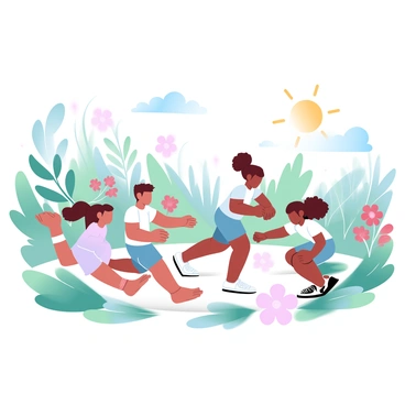 A group of children are playing in a lush garden that is filled with vibrant "bee balm" flowers in shades of red and pink. Some children are running around, while others are crouched down, closely examining the flowers. The sun is shining brightly, illuminating the colorful petals and casting playful shadows on the ground. In the background, various green plants and tall grasses sway gently in the breeze, creating a lively atmosphere. "Joyful laughter" fills the air as the children engage with each other, exploring the beauty of nature around them.