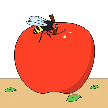 A small fruit fly with large, translucent wings is perched on the smooth skin of a bright red apple. The apple is round and has a few tiny speckles and a shiny sheen. The fruit fly's body is black and yellow, and it is sipping on the surface of the apple, where a tiny drop of juice has formed. The apple sits on a light wooden table, and there are a few green leaves scattered around it. The scene is well-lit, highlighting the texture of the apple's skin and the delicate details of the fruit fly.